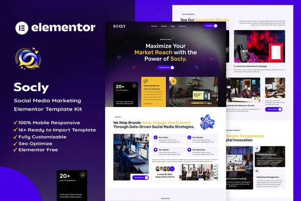 socly social media marketing agency elementor template kit 1