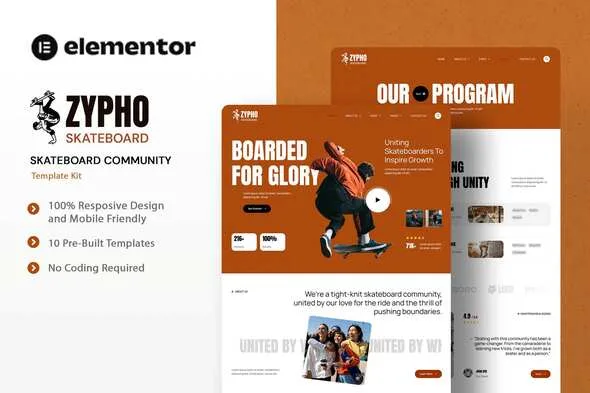 zypho skateboard community elementor template kit 1