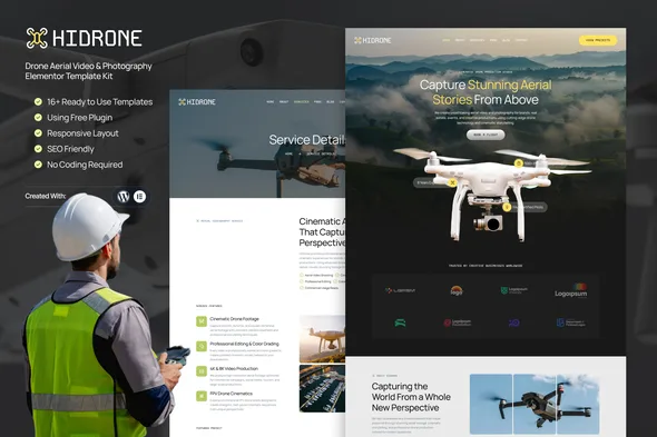 hidrone drone aerial video photography elementor template kit 1