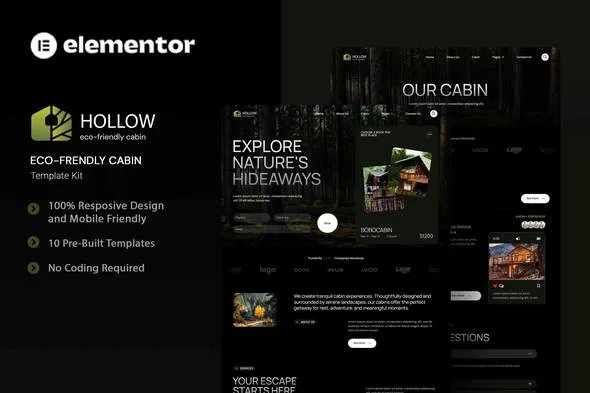 hollow eco friendly cabin elementor template kit 1