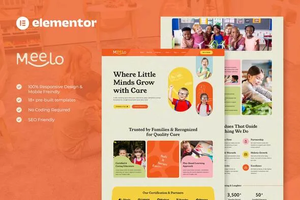 meelo kindergarten child care elementor pro template kit 1