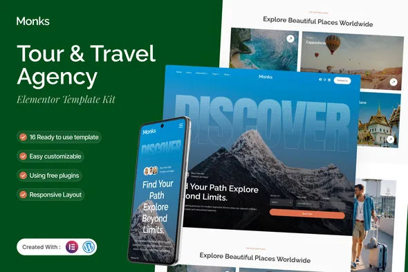monks tour travel agency elementor template kit 1
