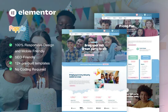 poppio kids party planner elementor pro template kit 1