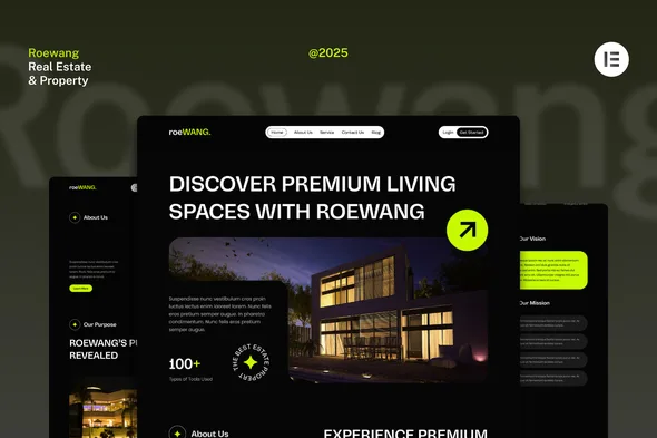 roewang dark real estate property website elementor template kit 1