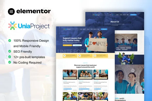 unia charity nonprofit elementor pro template kit 1