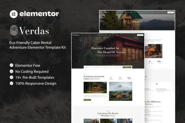 verdas eco friendly cabin rental adventure elementor template kit 1