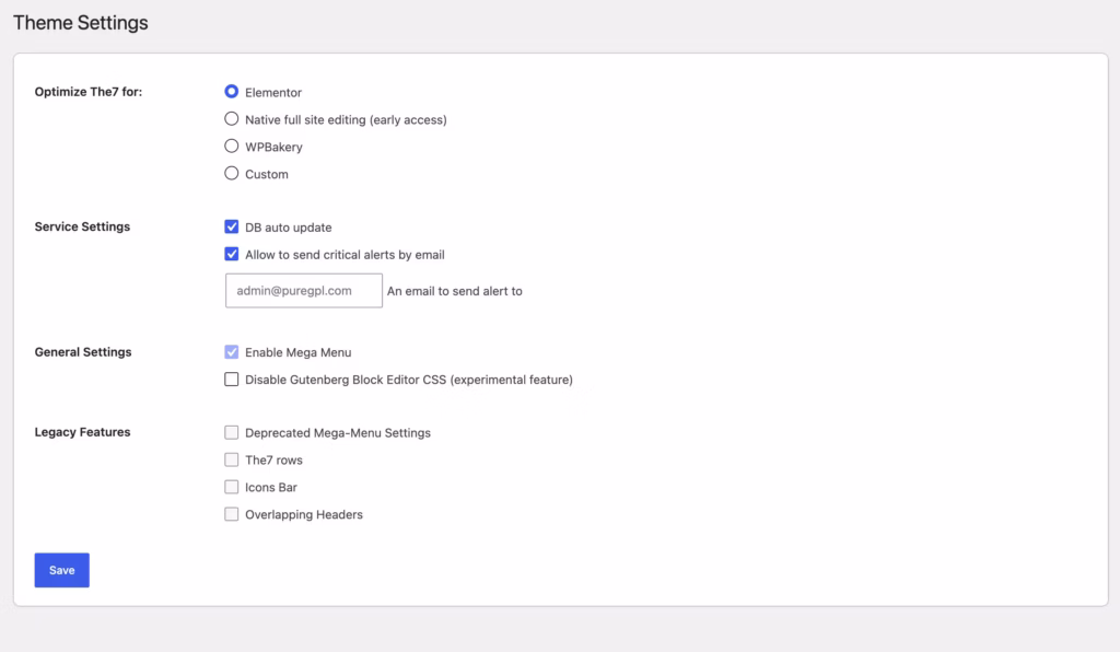 the Elementor page builder integration interface in The7 — the strongest first-hand evidence this page can carry.