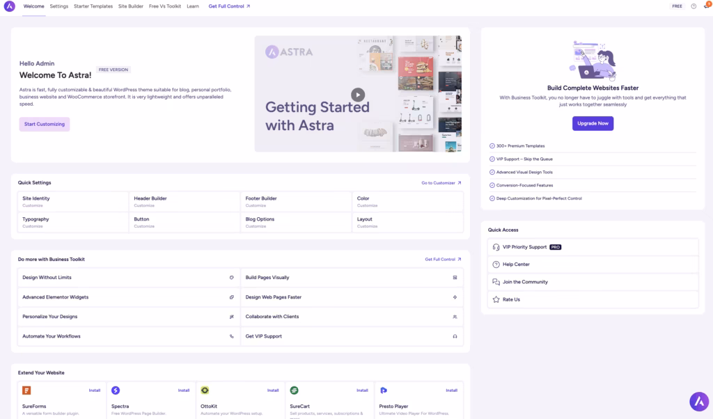 Built-in site builder interface in Astra — the strongest first-hand evidence this page can carry.