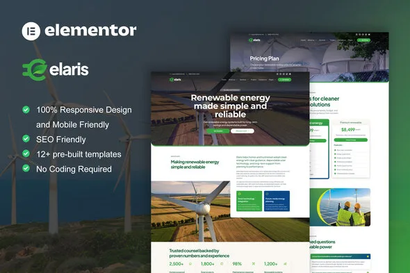 elaris solar renewable energy elementor pro template kit 1
