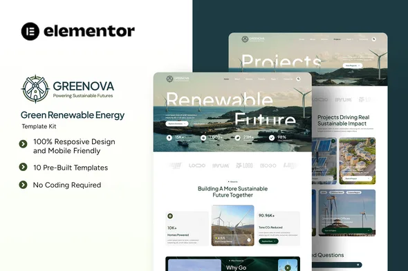 greenova green renewable energy elementor template kit 1