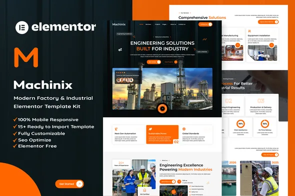 machinix modern factory industrial elementor template kit 1