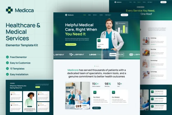 medicca healthcare medical services elementor template kit 1