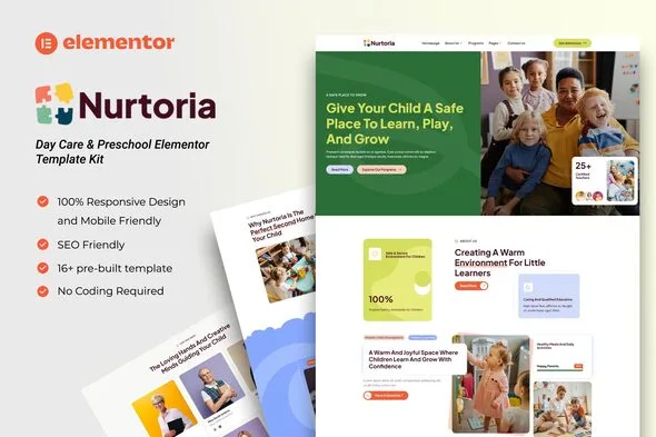 nurtoria day care preschool elementor template kit 1