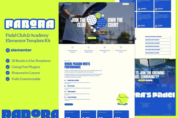 padora padel club academy elementor template kit 1