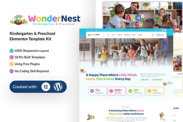 wondernest kindergarten preschool elementor template kit 1