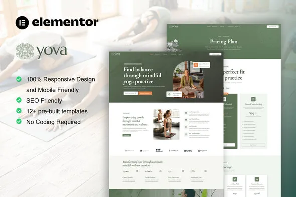 yova yoga studio elementor pro template kit 1