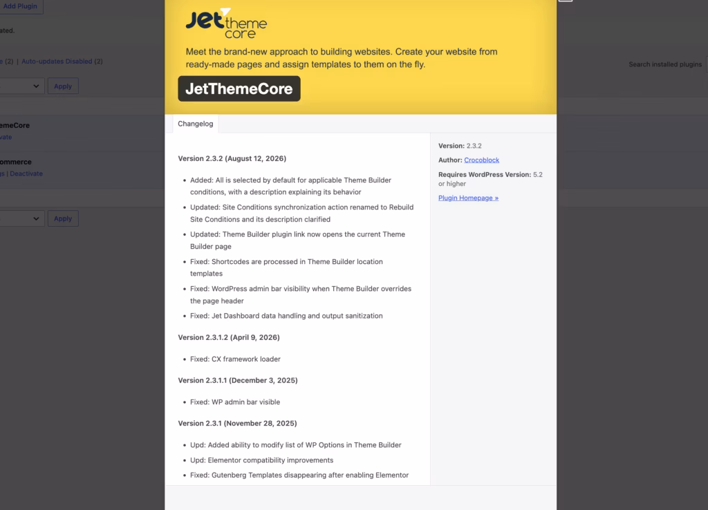 the Visual theme builder dashboard for site-wide template management interface in JetThemeCore — the strongest first-hand evidence this page can carry.