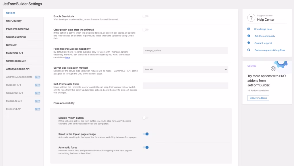 the Custom form building interface in JetFormBuilder — the strongest first-hand evidence this page can carry.
