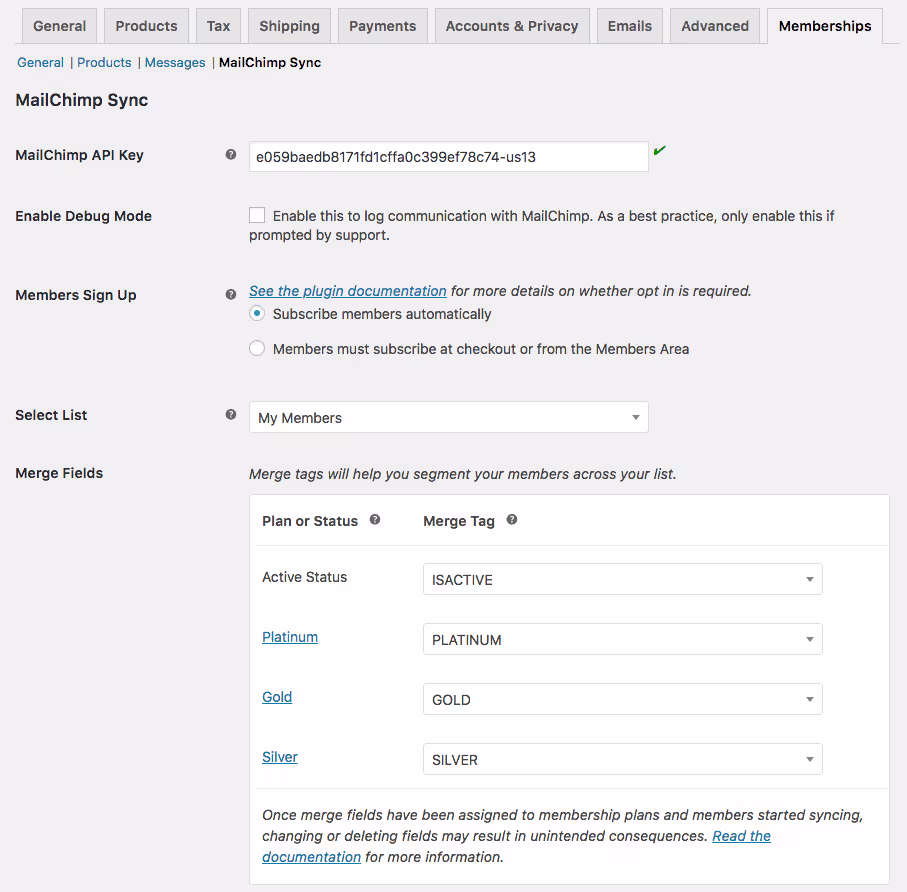 the Automatic sync of WooCommerce Memberships plan data to Mailchimp subscriber profiles interface in Mailchimp for WooCommerce Memberships — the strongest first-hand evidence this page can carry.