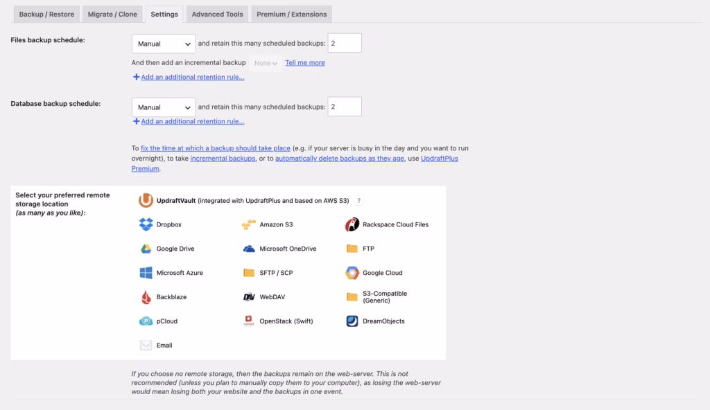 the Manual and scheduled backups interface in UpdraftPlus — the strongest first-hand evidence this page can carry.