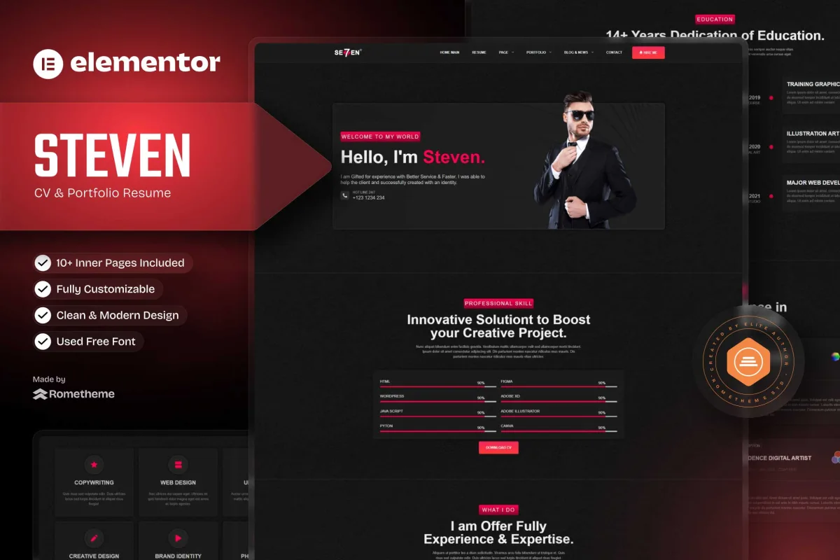 Steven – Dark CV Portfolio Resume Elementor Template Kit