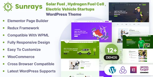 Sunrays – Solar Fuel, Hydrogen Fuel Cell, Electric Vehicle Startups WordPress Theme