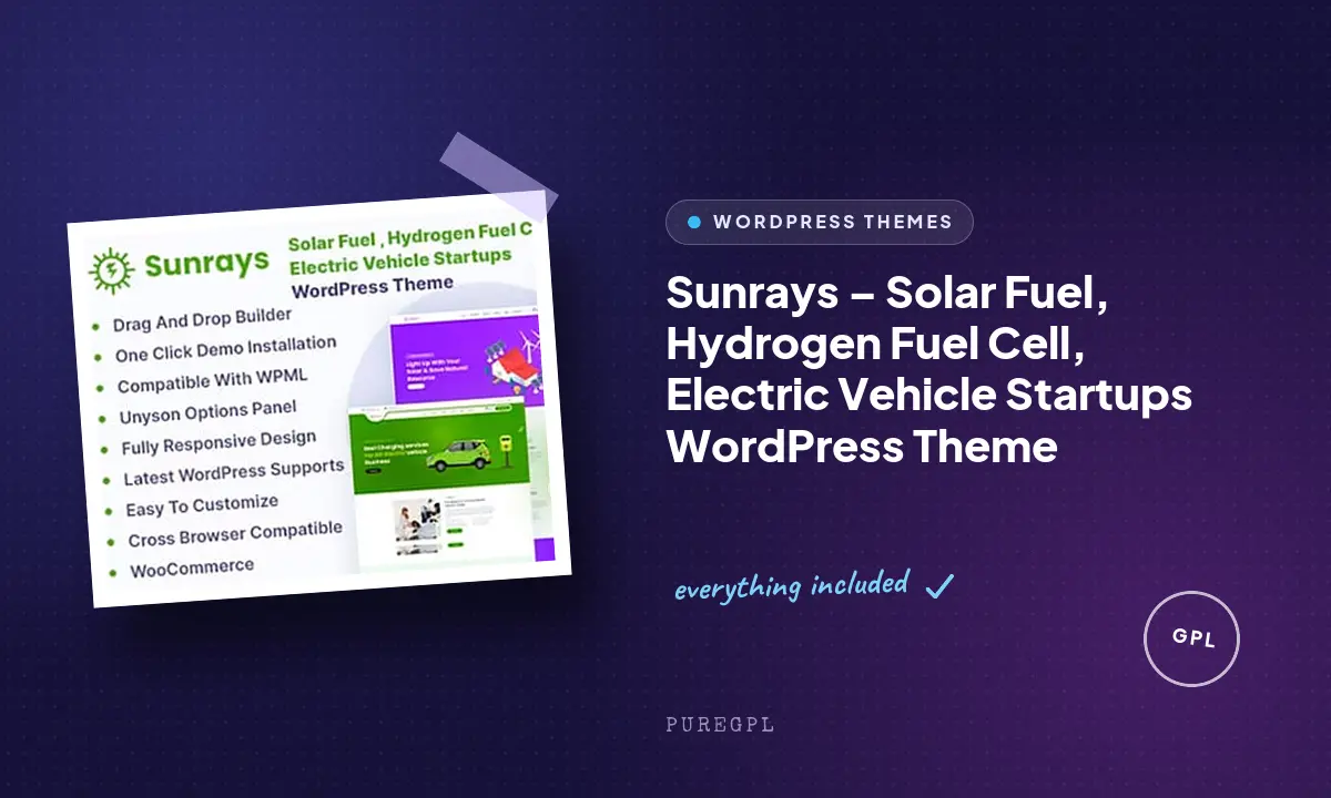 Sunrays – Solar Fuel, Hydrogen Fuel Cell, Electric Vehicle Startups WordPress Theme