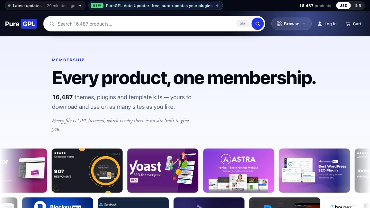 Best GPL Site in 2026: 10 GPL Websites for WordPress Tested & Ranked 2 PureGPL membership page as tested on 17 September 2026, showing the 16,487-product catalogue and the Auto Updater plugin