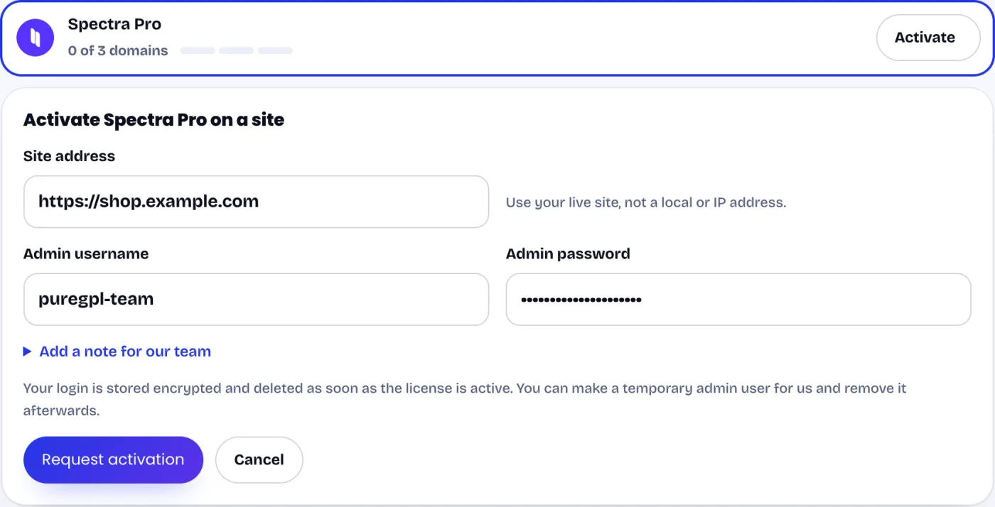 The activation form for Spectra Pro: site address, admin username and admin password.