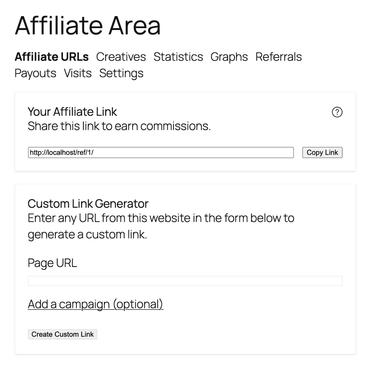 AffiliateWP Affiliate Area as an affiliate sees it, with the referral link and the custom link generator