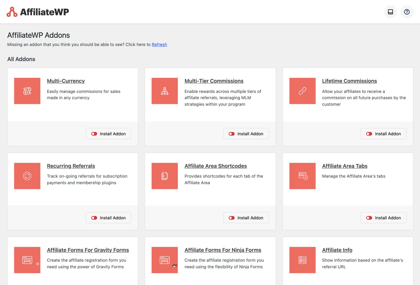 AffiliateWP Review 2026: Tested on a Real Store 2 AffiliateWP Add-ons screen listing add-ons such as multi-tier commissions and recurring referrals with Install Addon buttons