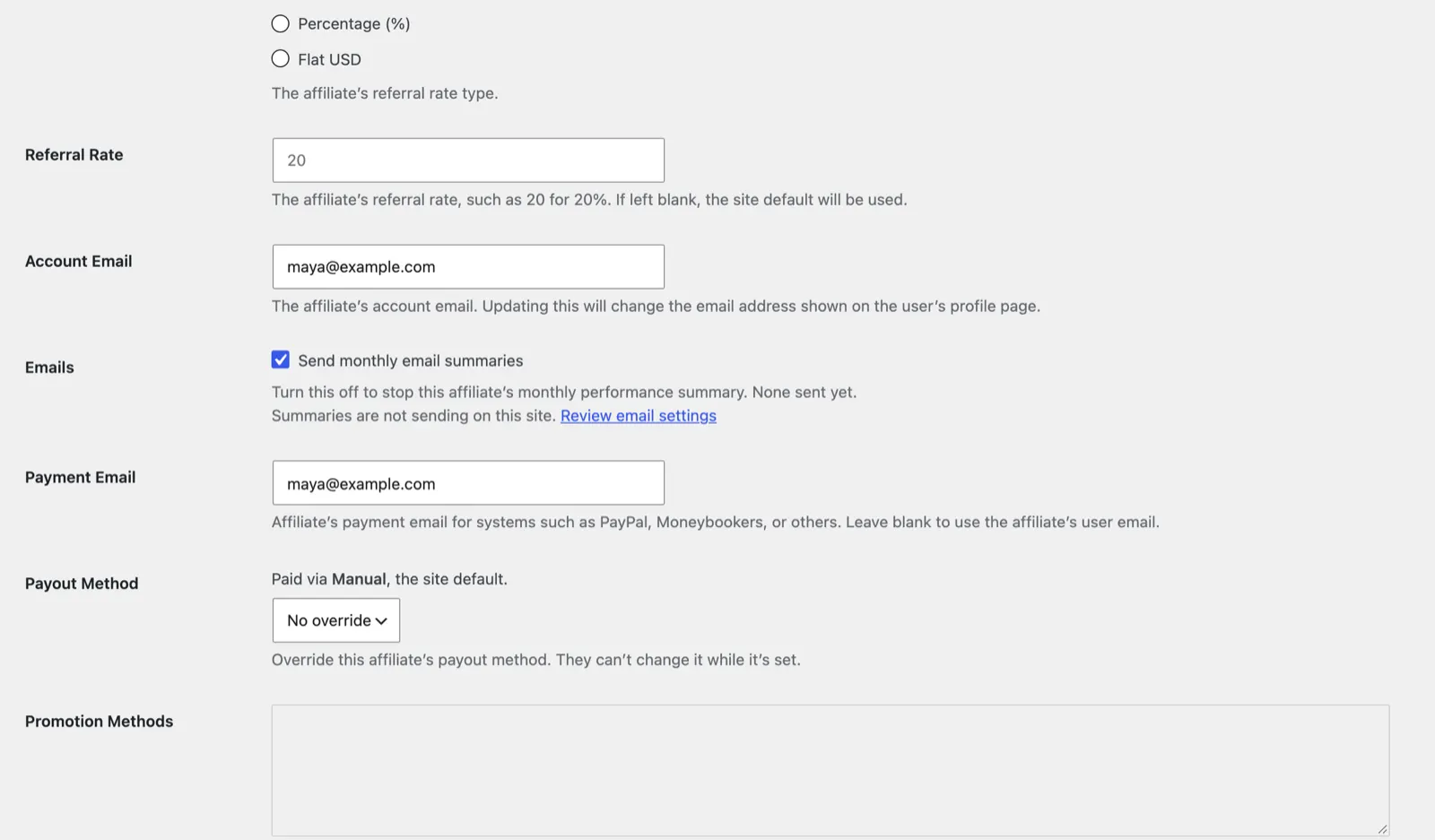 AffiliateWP Review 2026: Tested on a Real Store 11 AffiliateWP Edit Affiliate screen with the referral rate left blank so the 20 percent site default applies, monthly email summaries and payout method override