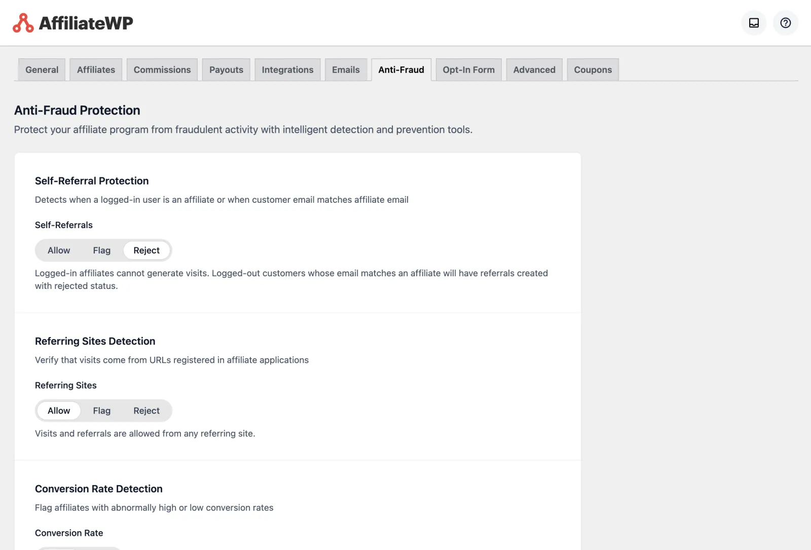 AffiliateWP Review 2026: Tested on a Real Store 18 AffiliateWP anti-fraud settings for self-referrals, referring sites, conversion rate, paid search traffic and IP velocity