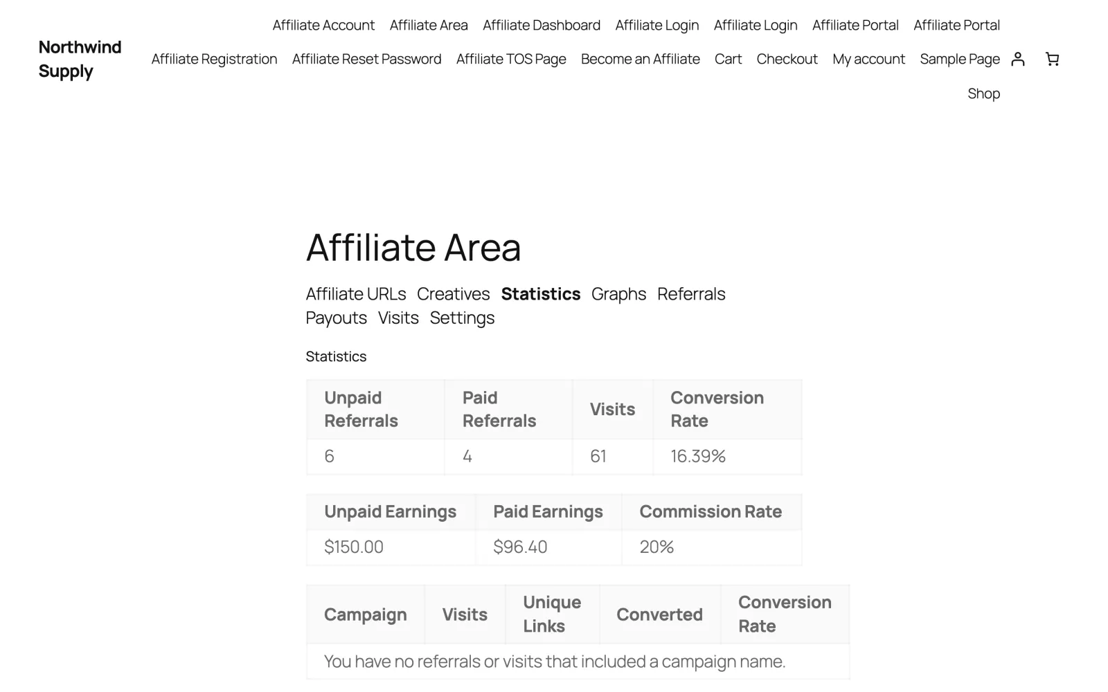 AffiliateWP Review 2026: Tested on a Real Store 14 AffiliateWP Affiliate Area statistics tab showing unpaid and paid referrals, visits, conversion rate and earnings