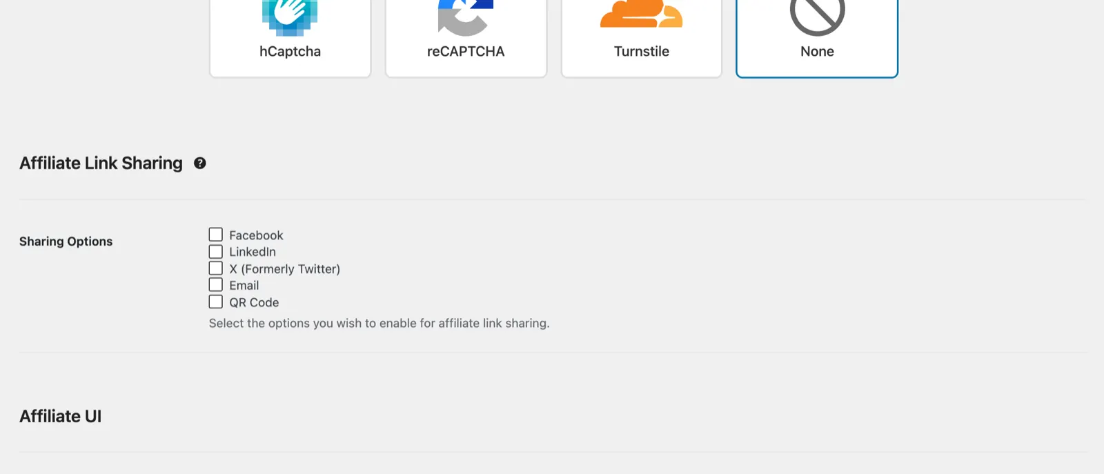 AffiliateWP Review 2026: Tested on a Real Store 19 AffiliateWP CAPTCHA setting with hCaptcha, reCAPTCHA, Turnstile and None, above the affiliate link sharing options