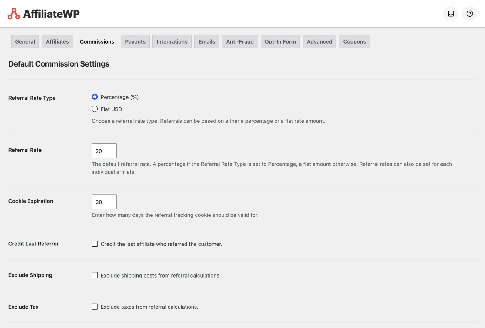 AffiliateWP Review 2026: Tested on a Real Store 9 AffiliateWP commission settings with referral rate type, a 20 percent rate, cookie expiration and exclusions
