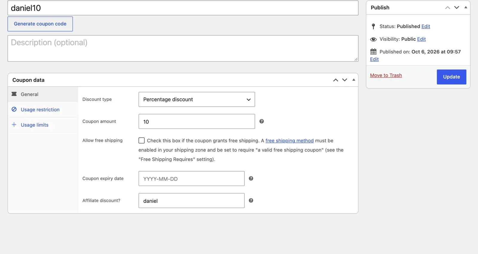 AffiliateWP Review 2026: Tested on a Real Store 8 WooCommerce Edit coupon screen for daniel10 with the AffiliateWP Affiliate discount field set to daniel