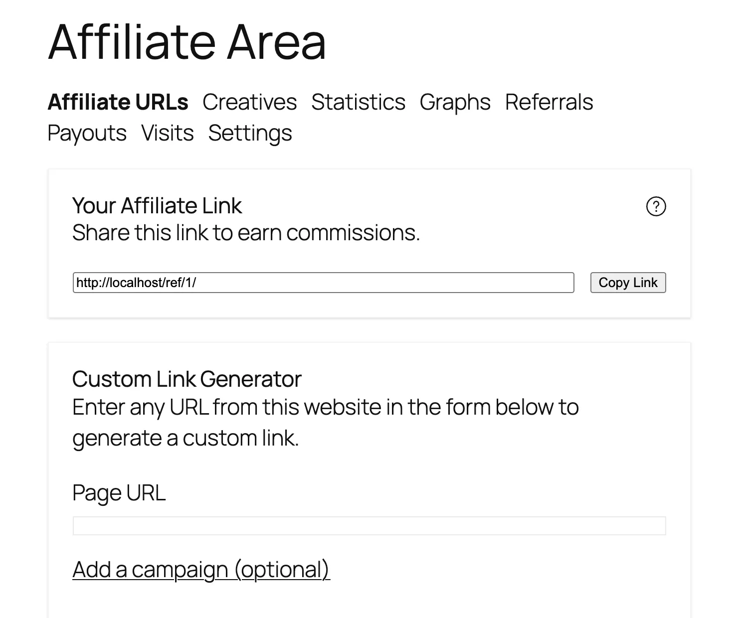 AffiliateWP Review 2026: Tested on a Real Store 13 AffiliateWP Affiliate Area URLs tab with the affiliate link, a Copy Link button and the Custom Link Generator