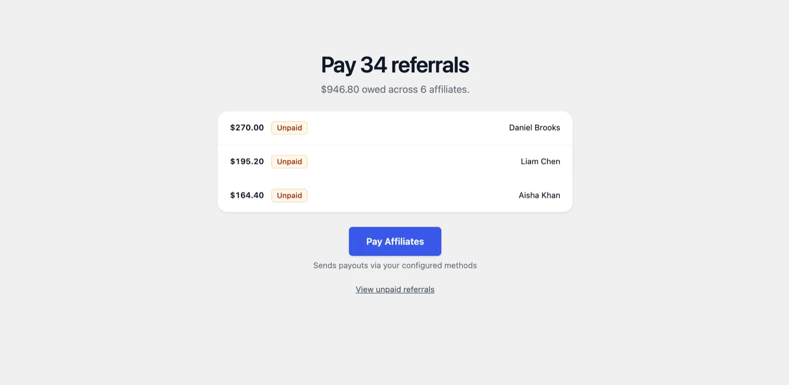 AffiliateWP Review 2026: Tested on a Real Store 17 AffiliateWP Payouts screen reading Pay 34 referrals, 946.80 dollars owed across 6 affiliates, with a Pay Affiliates button
