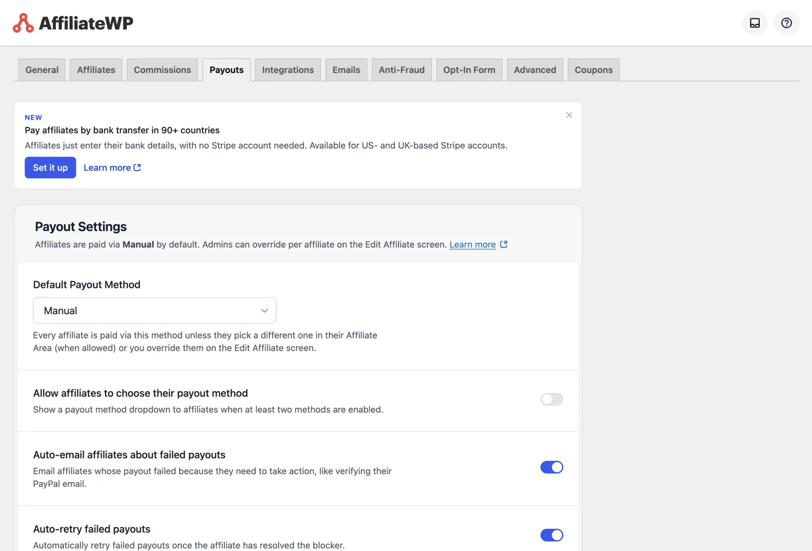 AffiliateWP Review 2026: Tested on a Real Store 16 AffiliateWP payout settings with bank transfer in 90 plus countries, the default payout method and failed payout options