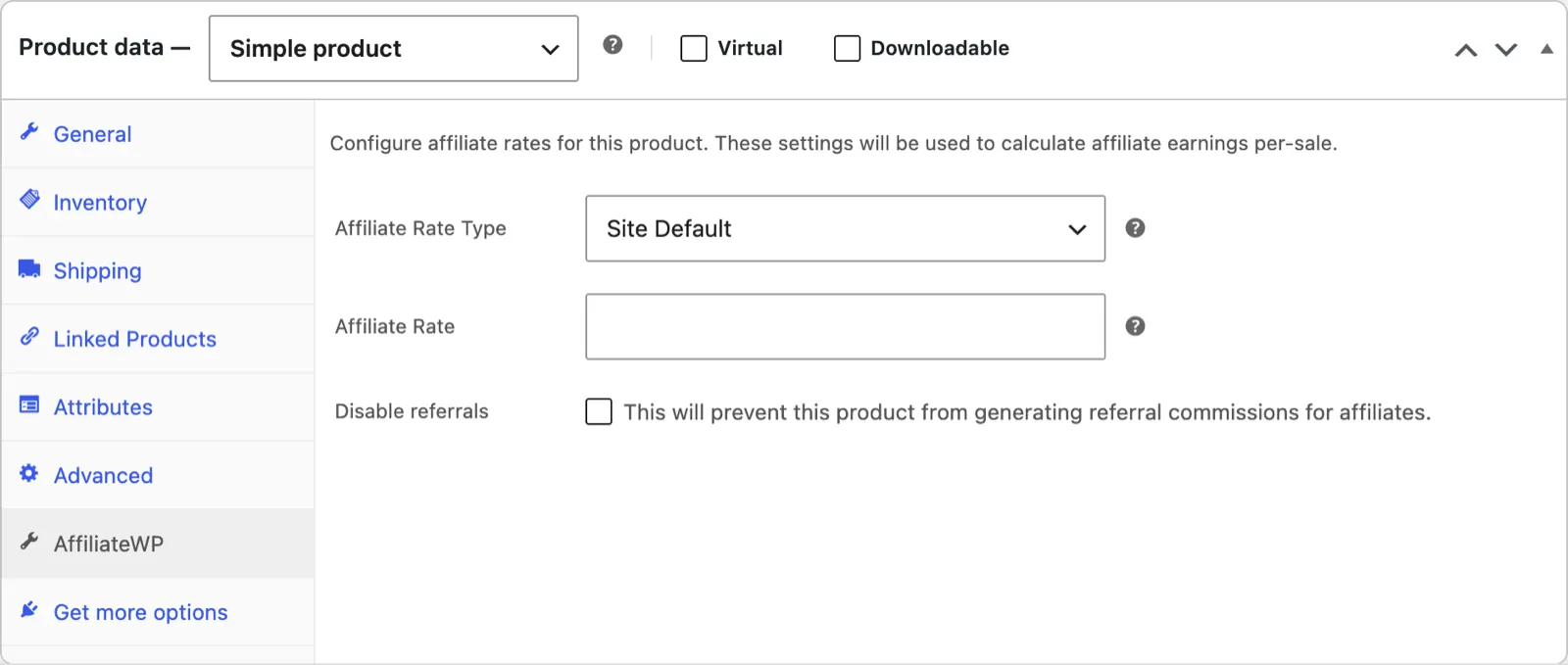 AffiliateWP Review 2026: Tested on a Real Store 10 WooCommerce product data panel with AffiliateWP's tab showing Affiliate Rate Type, Affiliate Rate and Disable referrals