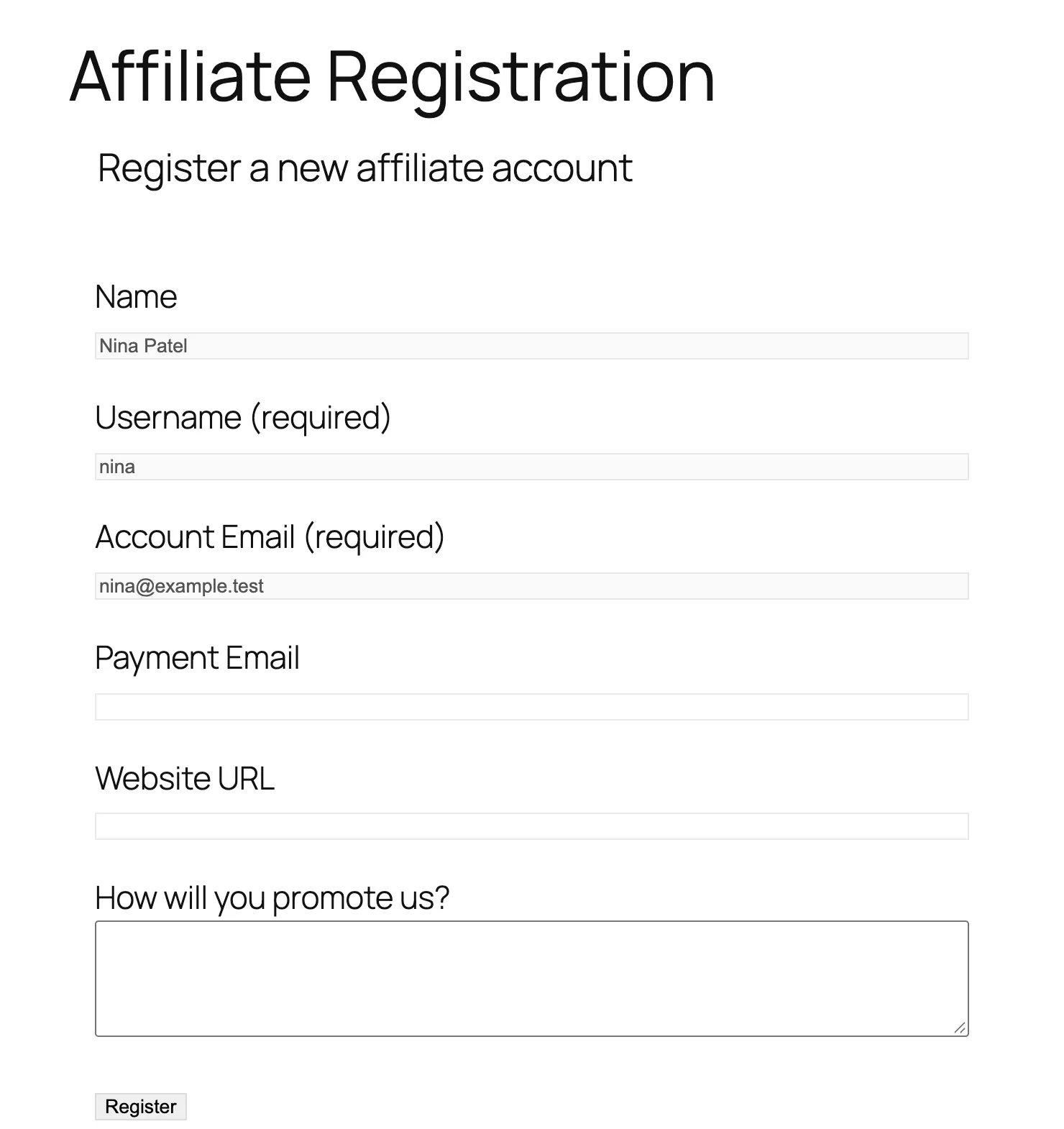 AffiliateWP Review 2026: Tested on a Real Store 12 AffiliateWP affiliate registration form with name, username, account email, payment email, website URL and how will you promote us fields