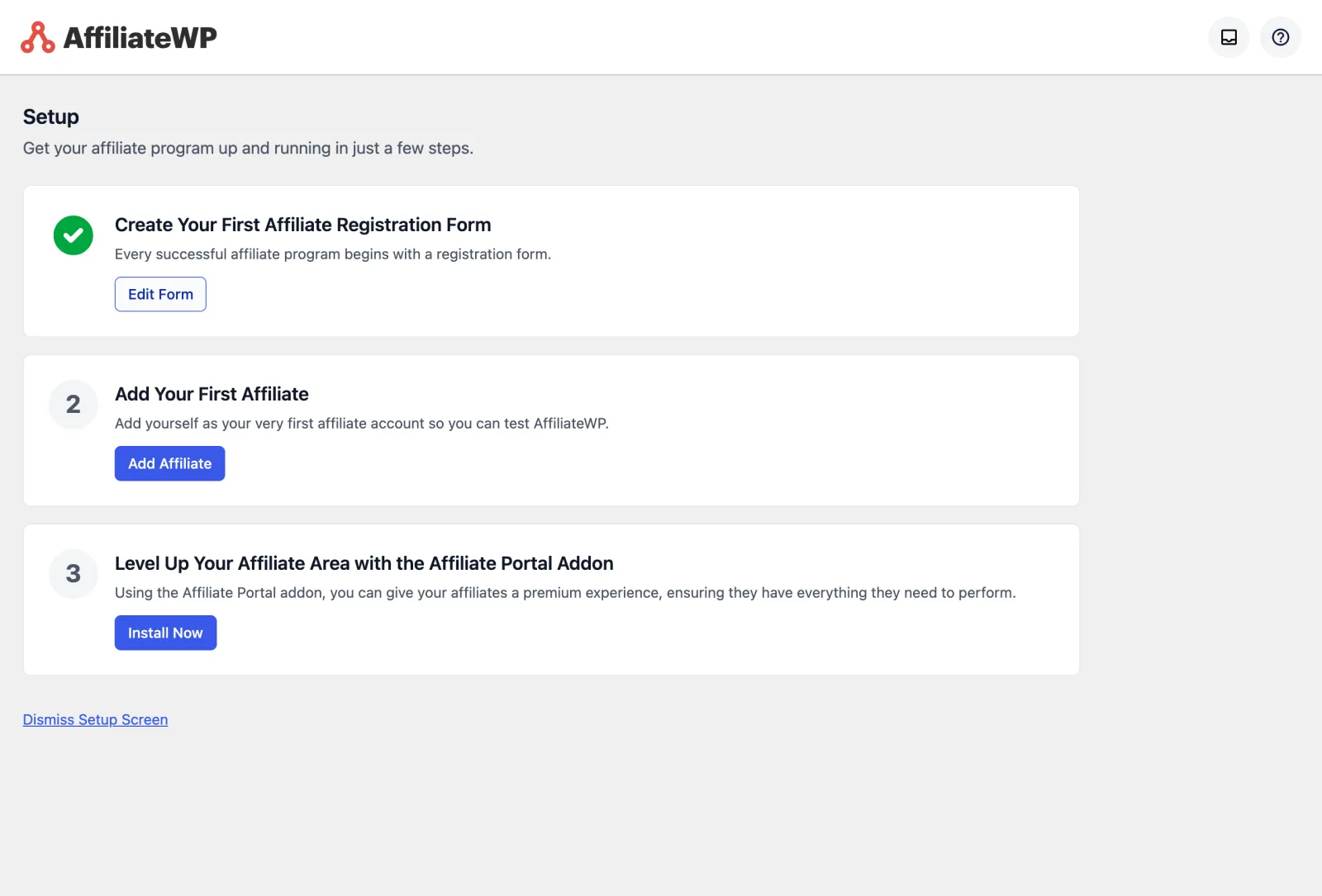 AffiliateWP Review 2026: Tested on a Real Store 6 AffiliateWP Setup screen with steps to create a registration form, add your first affiliate, and get the Affiliate Portal add-on