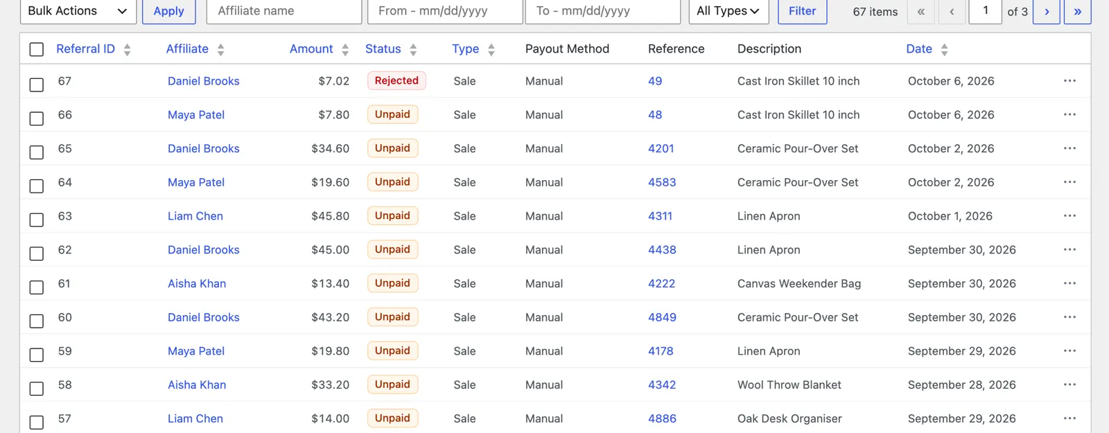 AffiliateWP Review 2026: Tested on a Real Store 7 AffiliateWP Referrals list with our test referrals at the top, 7.02 dollars rejected and 7.80 dollars unpaid
