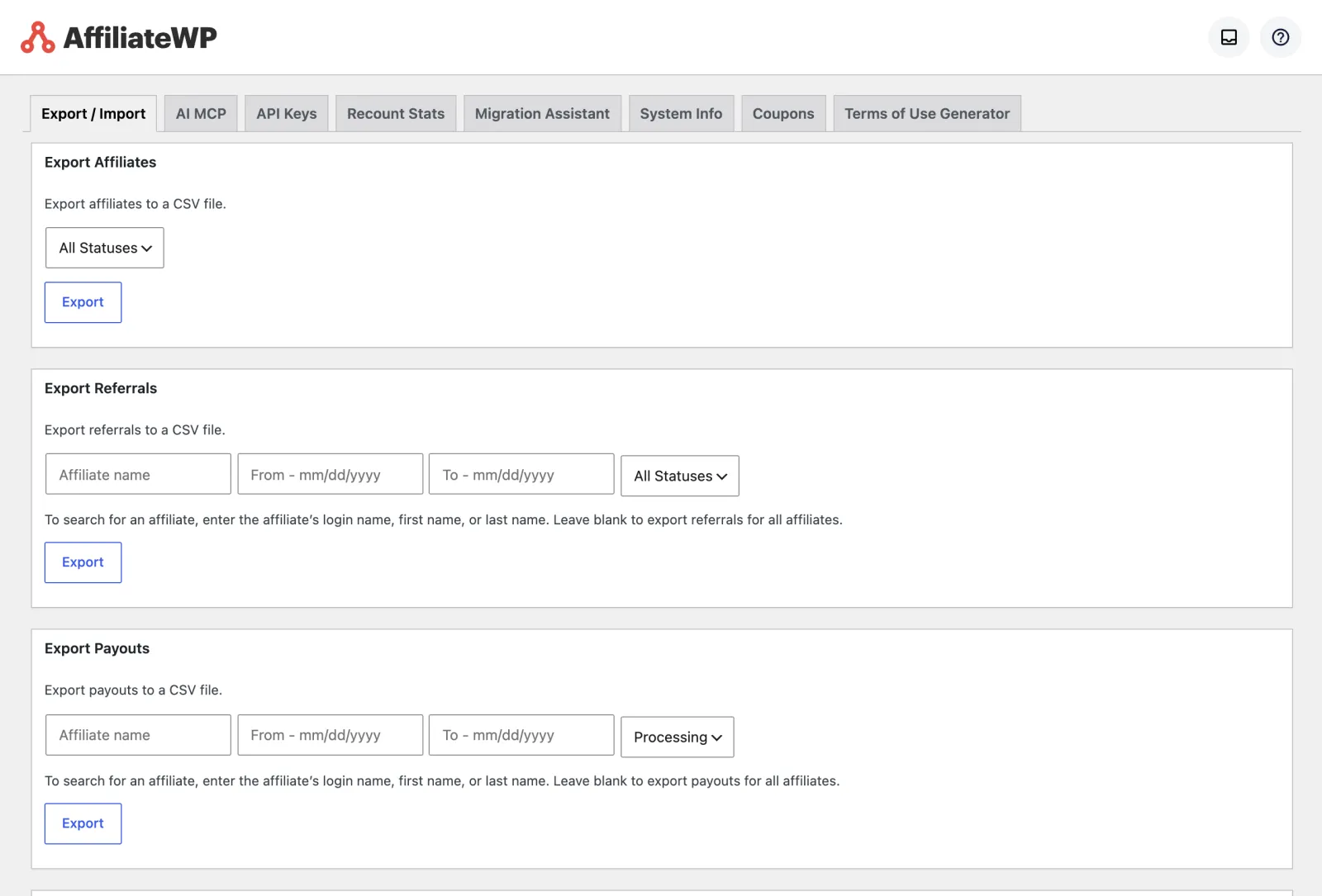 AffiliateWP Review 2026: Tested on a Real Store 20 AffiliateWP Tools screen with export, import, migration assistant and terms of use generator