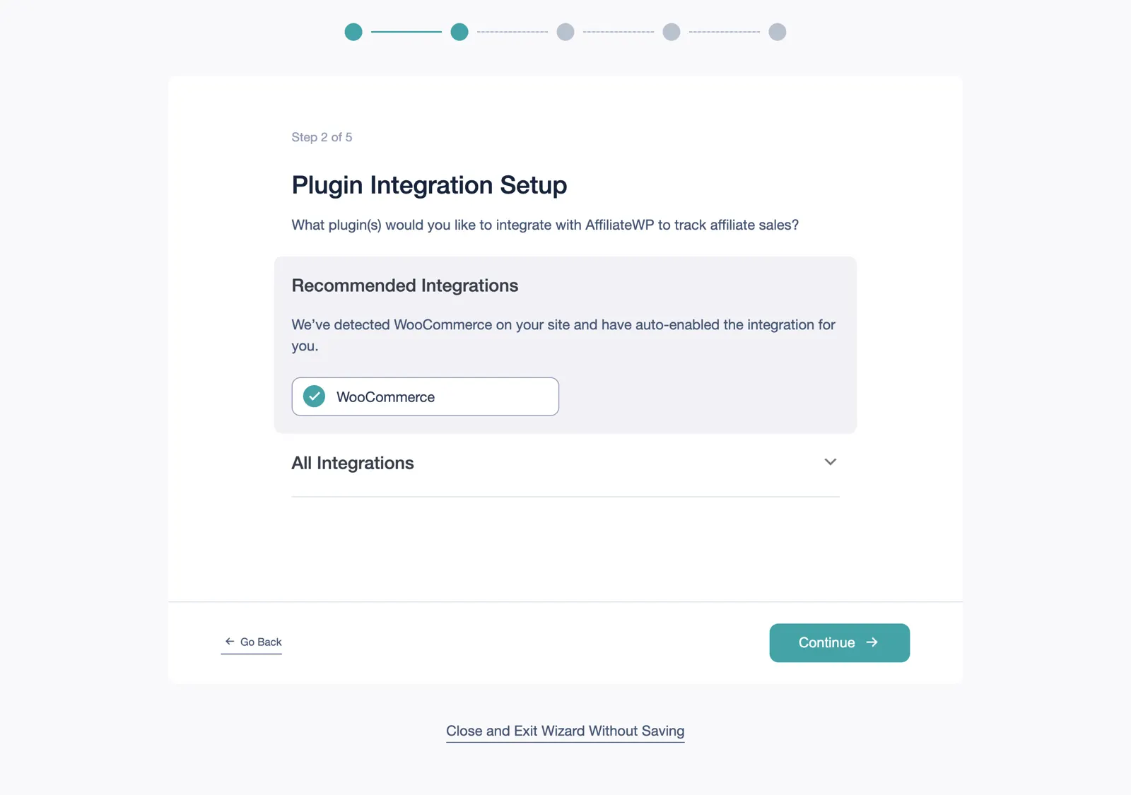 AffiliateWP Review 2026: Tested on a Real Store 3 AffiliateWP setup wizard step 2, Plugin Integration Setup, with WooCommerce detected and enabled