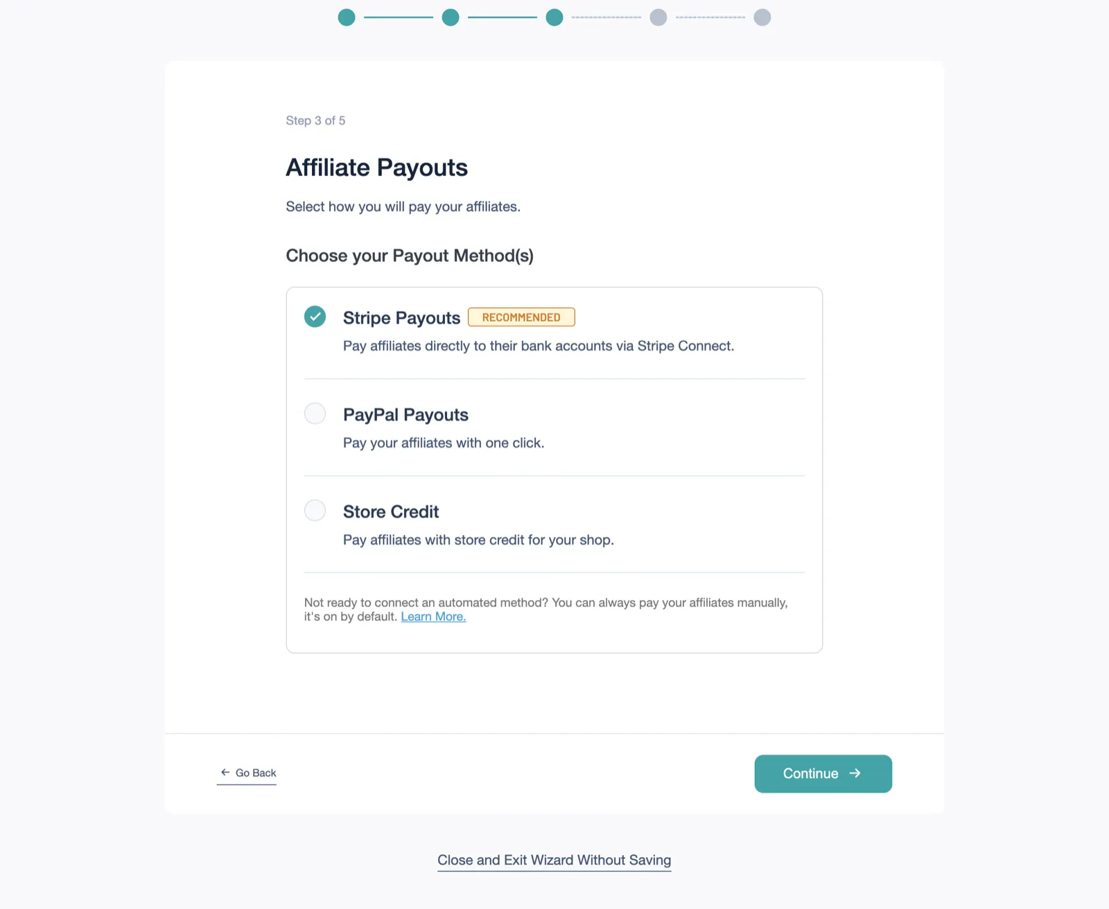 AffiliateWP Review 2026: Tested on a Real Store 4 AffiliateWP setup wizard step 3 with Stripe Payouts recommended and ticked, and PayPal Payouts and Store Credit unticked