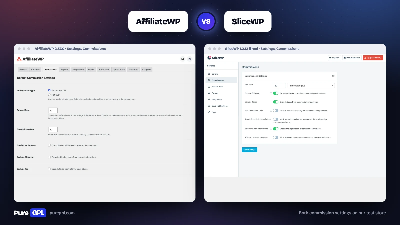 AffiliateWP commission settings next to SliceWP commission settings