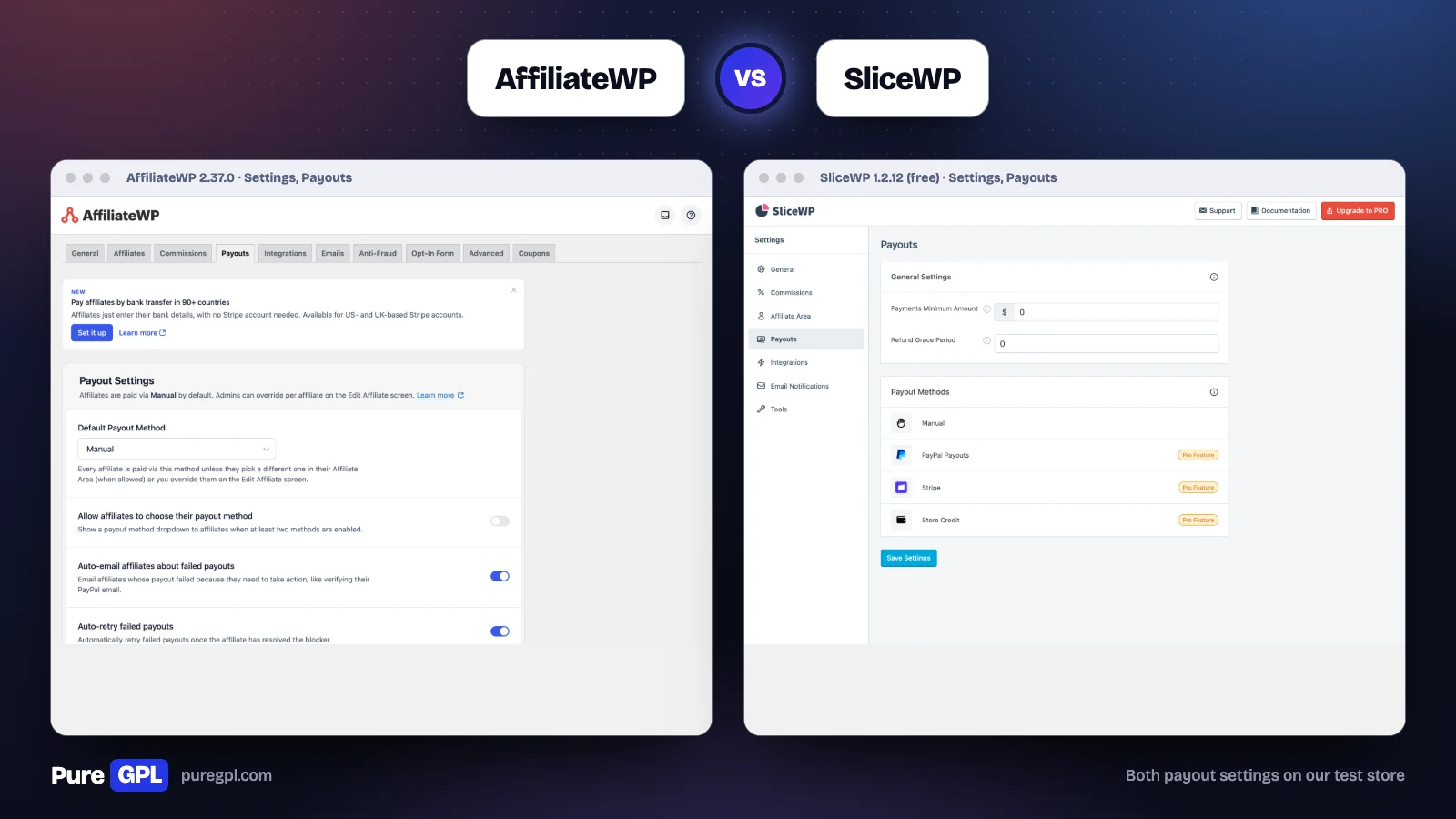 AffiliateWP payout settings next to SliceWP payout settings