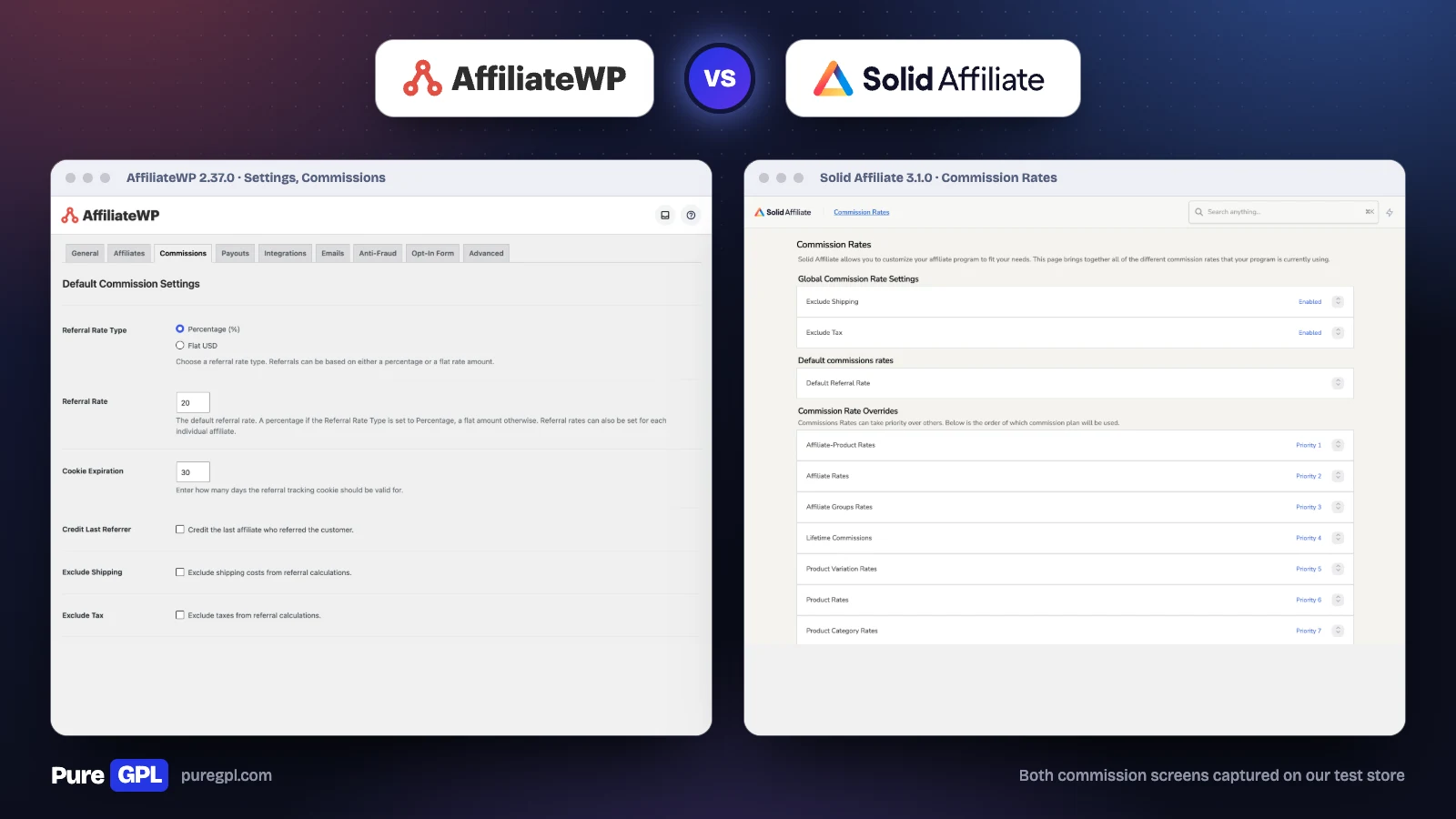 AffiliateWP vs Solid Affiliate: Which Should You Use in 2026? 3 AffiliateWP commission settings next to Solid Affiliate's Commission Rates page